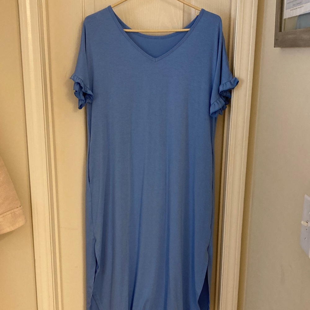 Blue V-Neck Ruffle Sleeve Dress